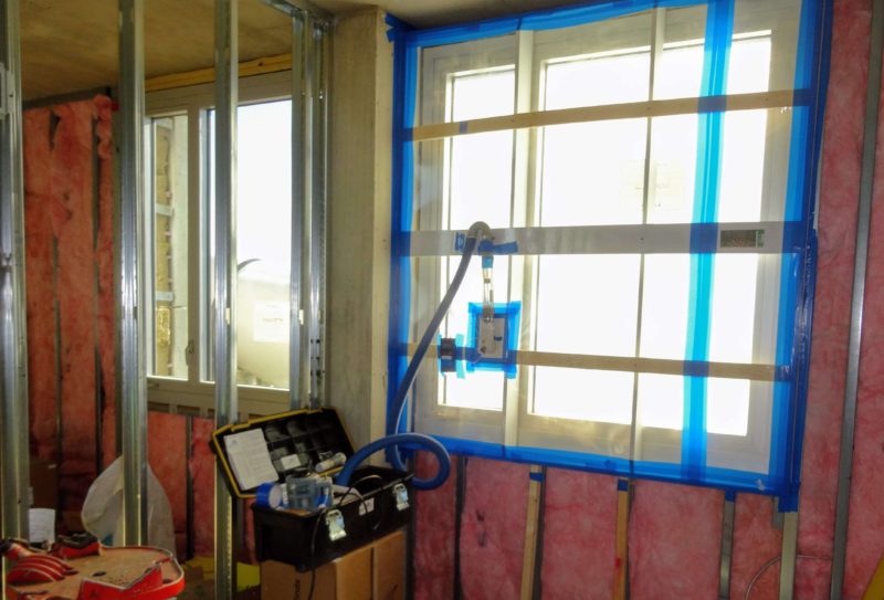 A building enclosure window during construction